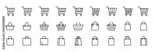 Various shopping containers icons like carts baskets and bags in outline style for marketplace needs