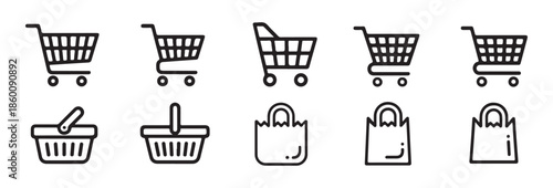 Shopping basket and trolley line icon collection for grocery store and supermarket digital interface