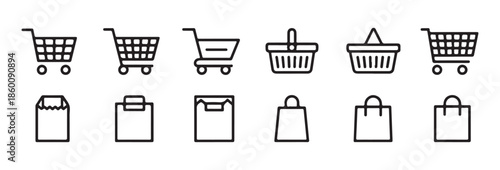 Minimalist shopping cart and basket line icons set black thin stroke graphics for ecommerce store