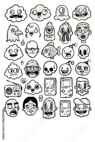 Hand-drawn black and white doodle illustration sheet, filled with quirky cartoon characters and objects.