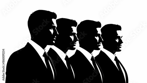 Four businessmen in silhouette standing in a row facing right.