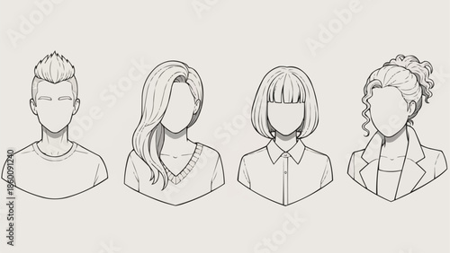 Four diverse faceless avatars in line art style.