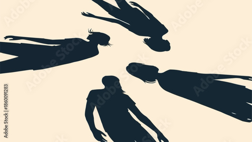 Four Silhouetted Figures Floating in Space Together.