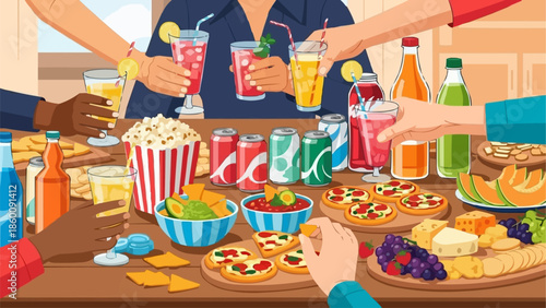 Friends gathering around a table full of snacks and drinks.