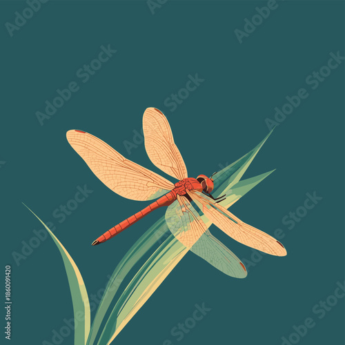 Stylized red dragonfly clinging to a green reed against a dark teal background , vector style simple color