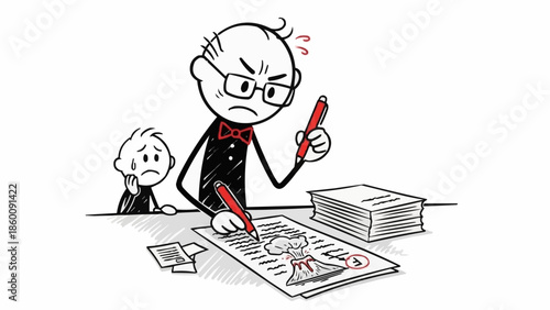 Frustrated man with glasses and bow tie correcting a drawing with a red pen.