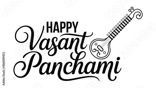 Happy vasant panchami elegant hand lettering typography with veena illustration celebrating hindu spring festival of india