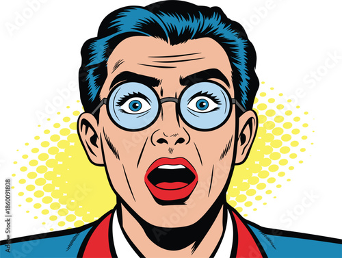 Pop art man surprised vector illustration, retro comic style man with glasses and open mouth on yellow halftone background