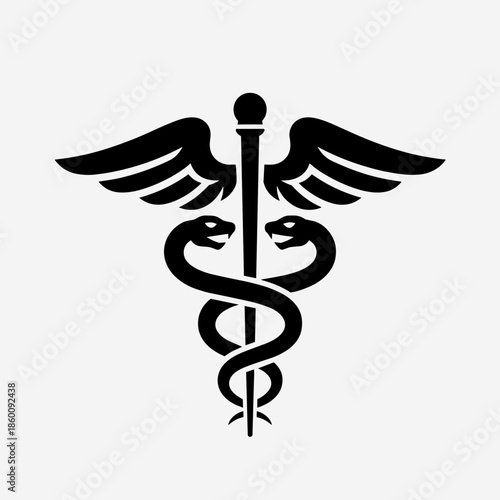 Black Caduceus Symbol with Two Intertwined Snakes and Wings
