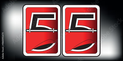 Dynamic and abstract twin graphic elements with a bold red, white, and black color palette, suggesting stylized initials or a unique symbol design