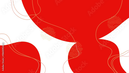 Abstract background with red and golden shapes on a white surface, ideal for Chinese New Year 2026 designs, featuring bold curves and lines.