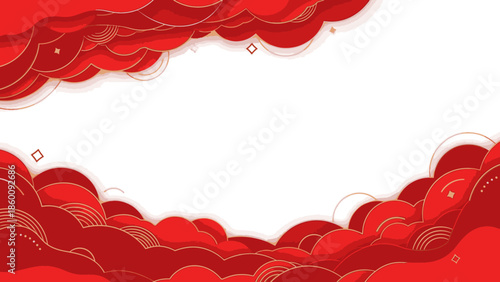 Abstract red and golden background with cloud-like shapes and decorative elements for Chinese New Year 2026 celebrations.