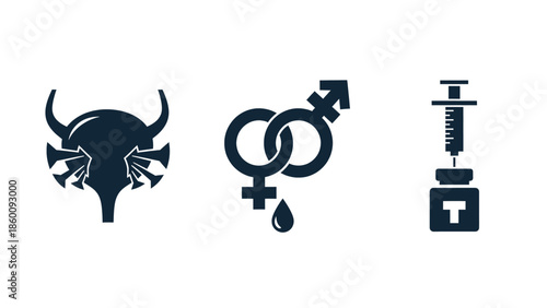 Medical icons illustrating bladder issues, gender symbols, and hormone injections