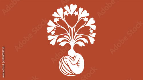 A minimalist illustration of a human figure nurturing a tree with heart-shaped leaves