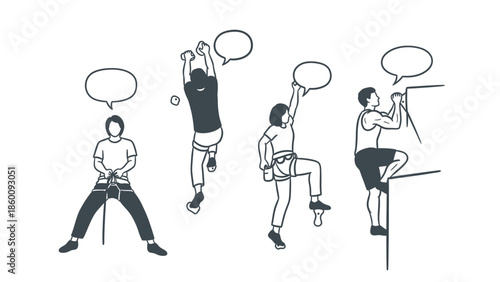 Illustration of rock climbers in various positions with communication speech bubbles