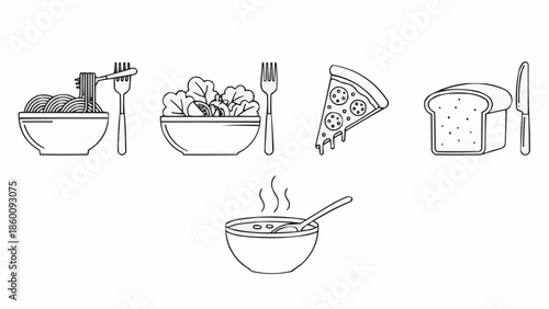 Hand drawn food icons set including pasta salad pizza bread and soup.