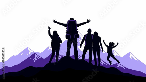 Group of hikers celebrating on mountain peak with arms outstretched.