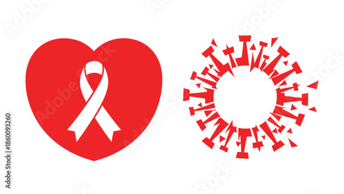 A red heart with a white awareness ribbon next to a dissolving red virus icon representing health and disease awareness
