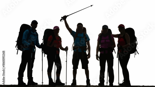 Group of hikers celebrating success on a mountain summit.