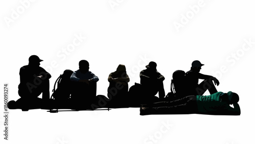 Group of hikers resting with backpacks on white background.