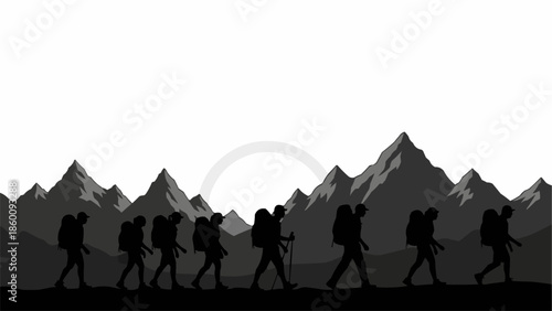 Group of hikers with backpacks walking in silhouette against mountain landscape.