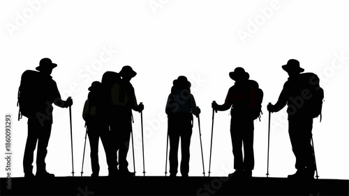 Group of hikers with backpacks and trekking poles silhouetted against white background.