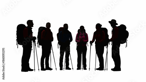 Group of hikers with backpacks and trekking poles silhouettes.