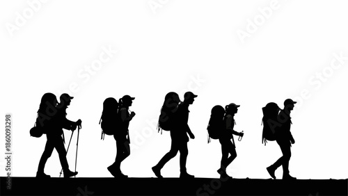 Group of hikers with backpacks walking in silhouette.