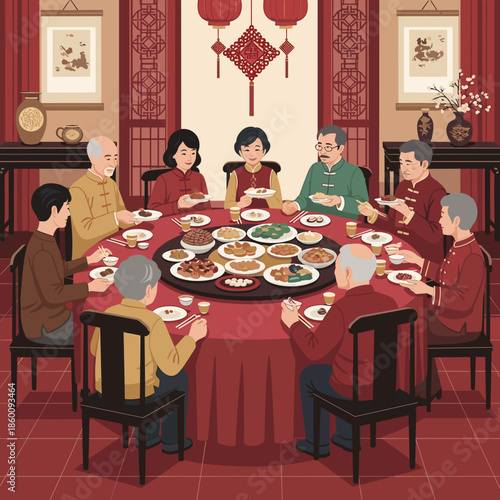 Lunar new year of a multi-generational family enjoying a warm and inviting reunion dinner in a traditional setting.