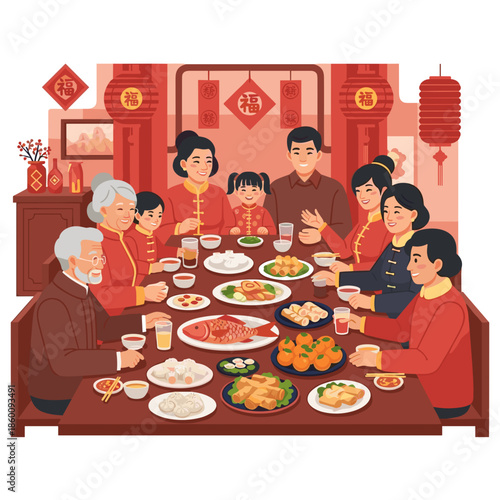 Lunar new year of a large multi-generational family happily celebrating a reunion dinner with an abundance of traditional food.