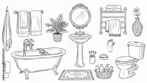Hand Drawn Bathroom Fixtures and Accessories Collection.
