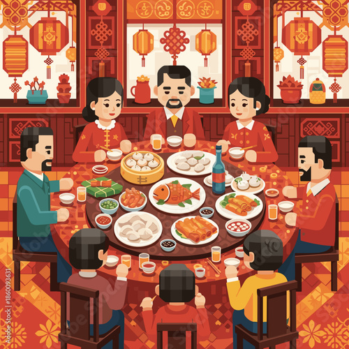 Lunar new year of a multi-generational family enjoying a traditional reunion dinner in a richly decorated festive setting.