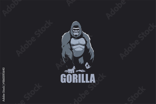 Stylized gorilla mascot illustration in dark monochrome colors, strong and powerful primate character standing confidently, suitable for logo, emblem, t-shirt, poster, and branding design. Vector.