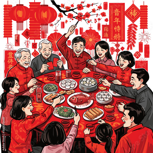 Lunar new year of a lively and joyful multi-generational family celebrating a grand reunion dinner with traditional food and decorations.