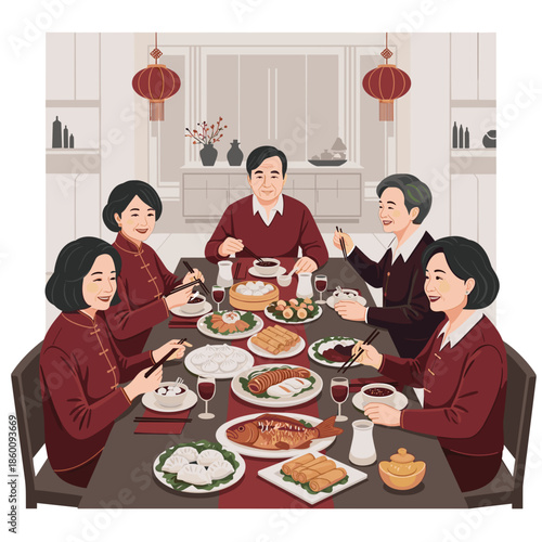 Lunar new year of a family reunion dinner featuring multiple generations enjoying traditional food in a contemporary setting.