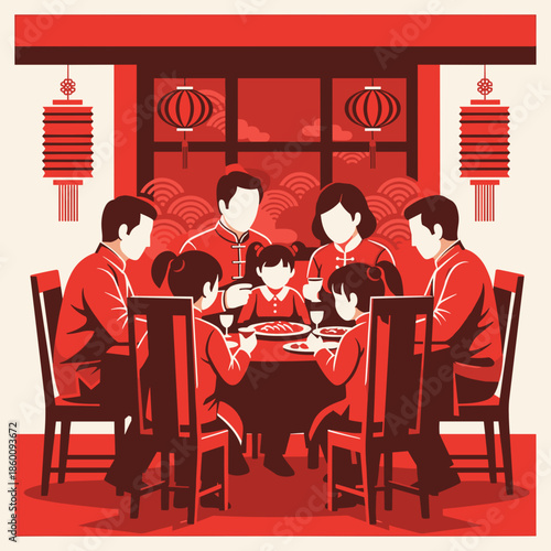 Lunar new year of a family reunion dinner with parents and children in a stylized red and cream color palette.