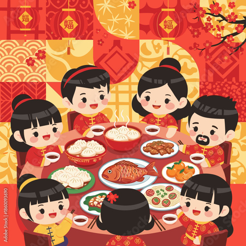 Lunar new year of a cheerful family reunion dinner with cute characters, abundant food, and a vibrant red patterned background.