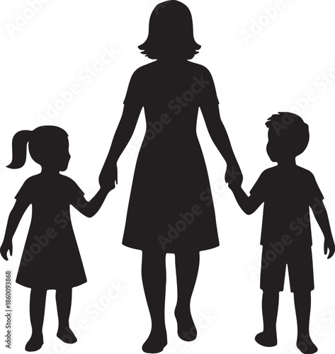 silhouette of mother walking with their children