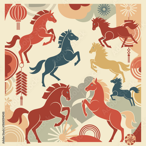 Lunar new year of multiple spirited horses in various colors and poses, surrounded by traditional lanterns and festive firecrackers, symbolizing prosperity.