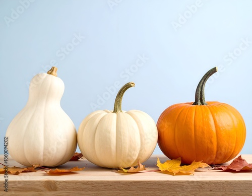 Three pumpkins and leaves on wood against a light blue backdrop
