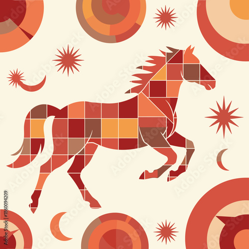 Lunar new year of a vibrant mosaic-style horse, composed of rich orange and brown tones, prancing amidst abstract celestial shapes and stars.