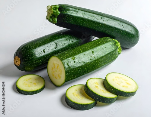 Fresh green zucchini; whole, sliced, and arranged on a white surface
