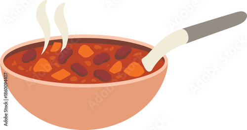 Bowl of hot chili soup vector illustration, flat design of spicy bean stew with steam and spoon in a bowl isolated