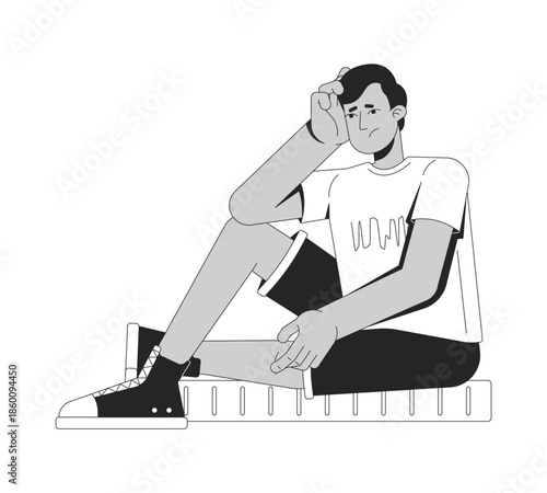 Concerned young indian man sitting on giant coin 2D line character. Economic uncertainty. Financial stress. Worried south asian guy isolated vector ink outline person. Monochromatic spot illustration