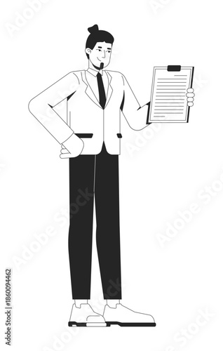 Confident man in suit holding clipboard document 2D line character. Corporate office worker. Caucasian male business manager isolated vector ink outline person. Monochromatic spot illustration