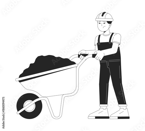 Sad young boy pushing wheelbarrow 2D line character. Construction child underage exploitation. Kid in hard hat doing heavy labor isolated vector ink outline person. Monochromatic spot illustration