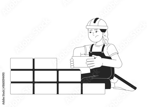 Unhappy young girl doing brickwork labor 2D line character. Kid builder bricklaying struggling. Underage worker laying brick isolated vector ink outline person. Monochromatic spot illustration