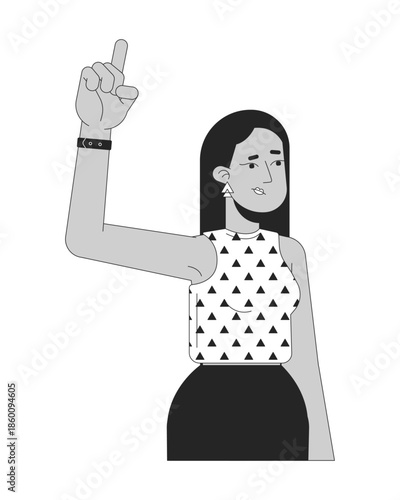 Hesitant middle eastern woman with raised index finger 2D line character. Uncertain questioning turkish female with subtle frown isolated vector ink outline person. Monochromatic spot illustration
