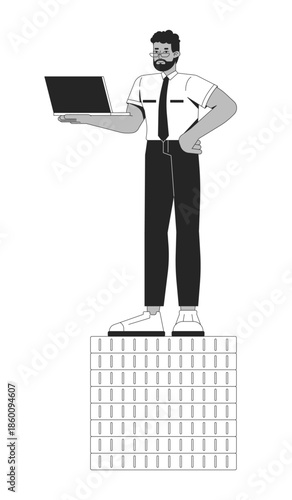 Corporate black man with laptop standing on coins 2D line character. Digital entrepreneur profit. African american office worker isolated vector ink outline person. Monochromatic spot illustration