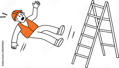 Workplace safety accident vector, cartoon illustration of a construction worker falling off a ladder in orange high-visibility vest